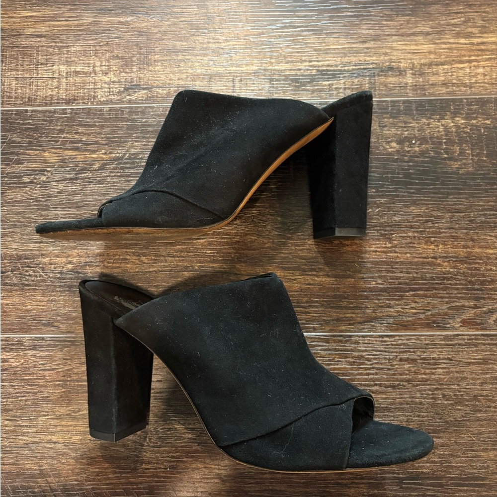 Black Suede Open-Toe Block Heel Mules